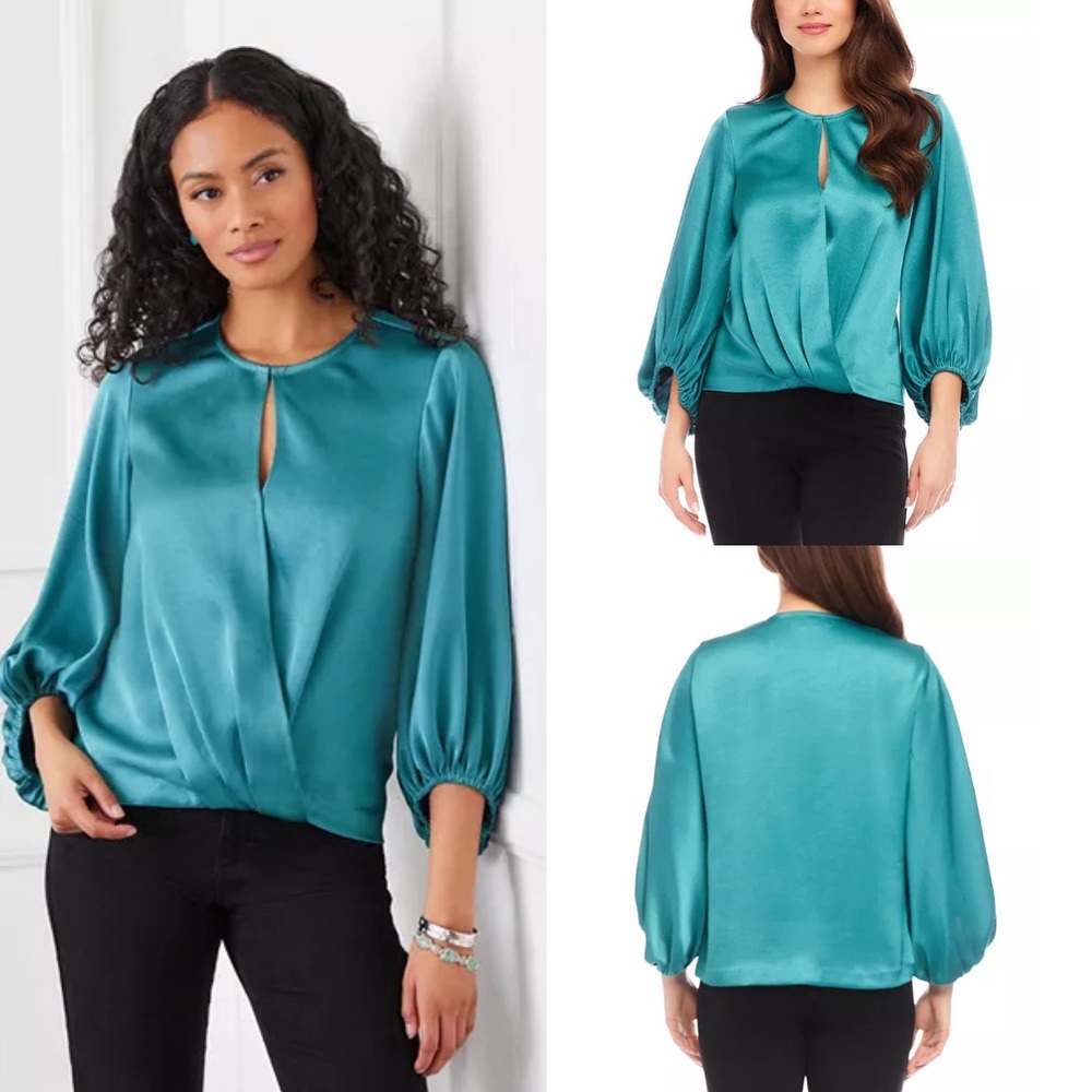 Karen Kane Keyhole Crossover Satin Top in Glass Size L (NWT)